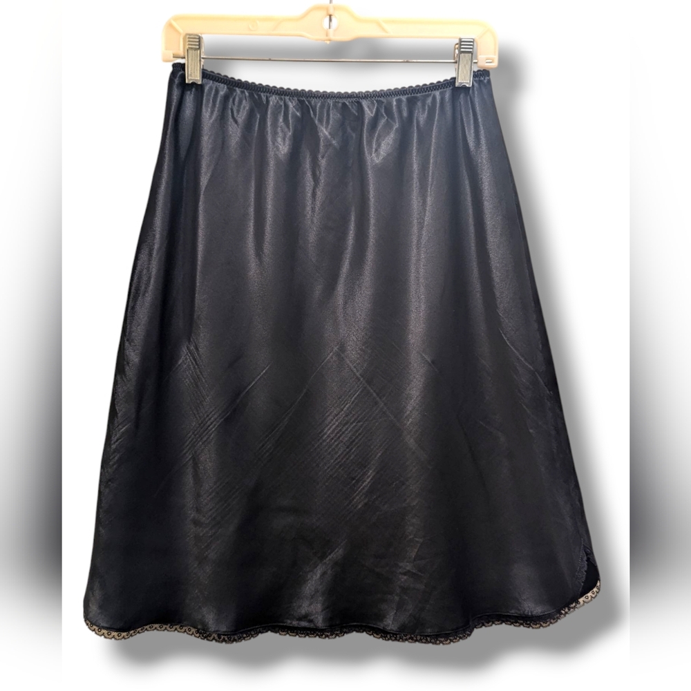 Olga Vintage Black Satin Half Slip w/ Lace Trim Hem- L - Picture 2 of 11